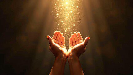 Hands raised with golden light and sparkles shining down.
