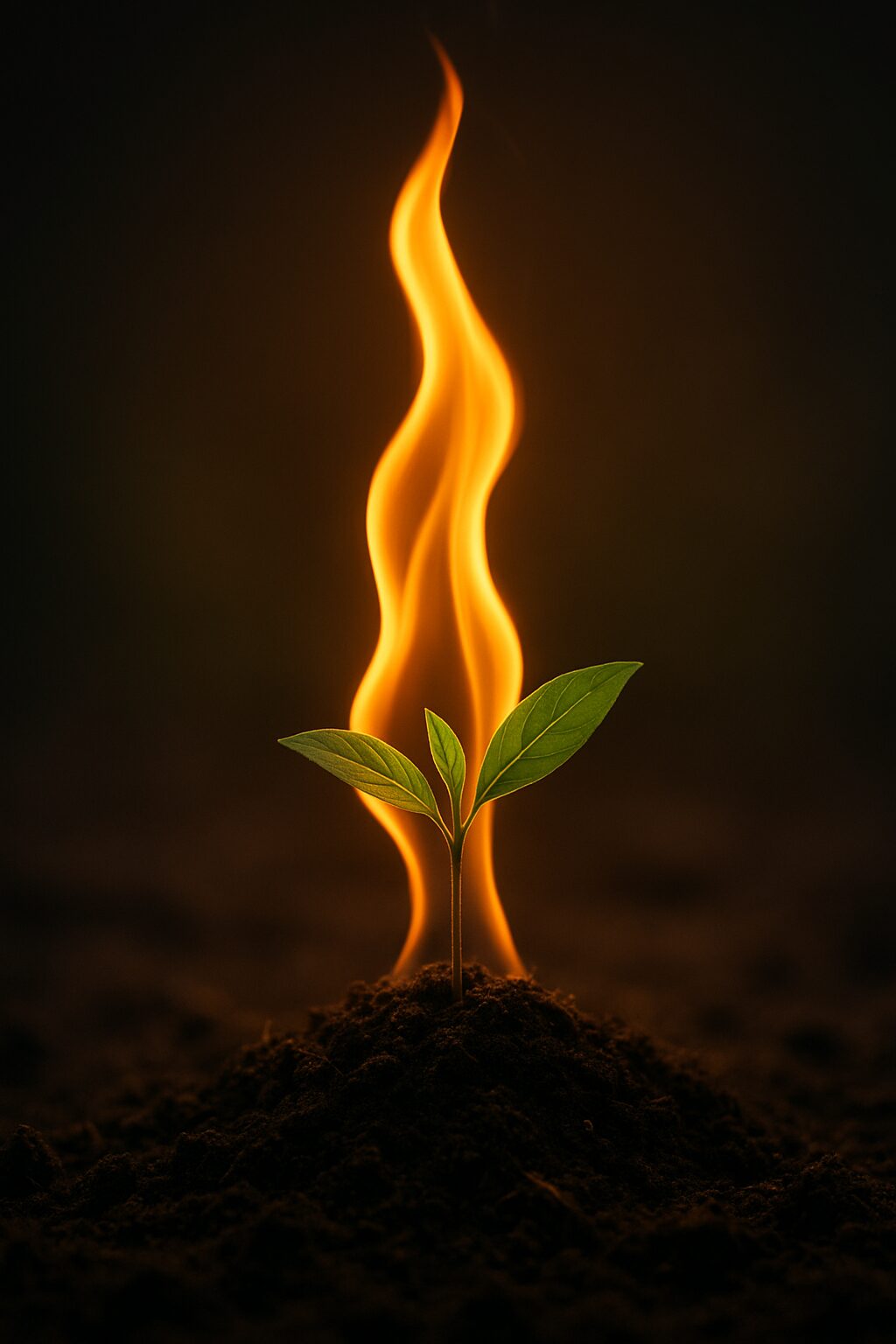 A green plant sprouting with flames shaped like leaves behind it.