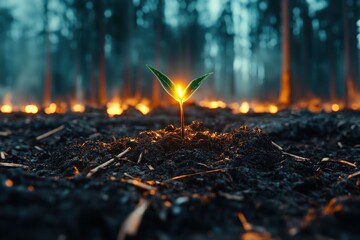 A small plant sprouting amid a forest fire background.
