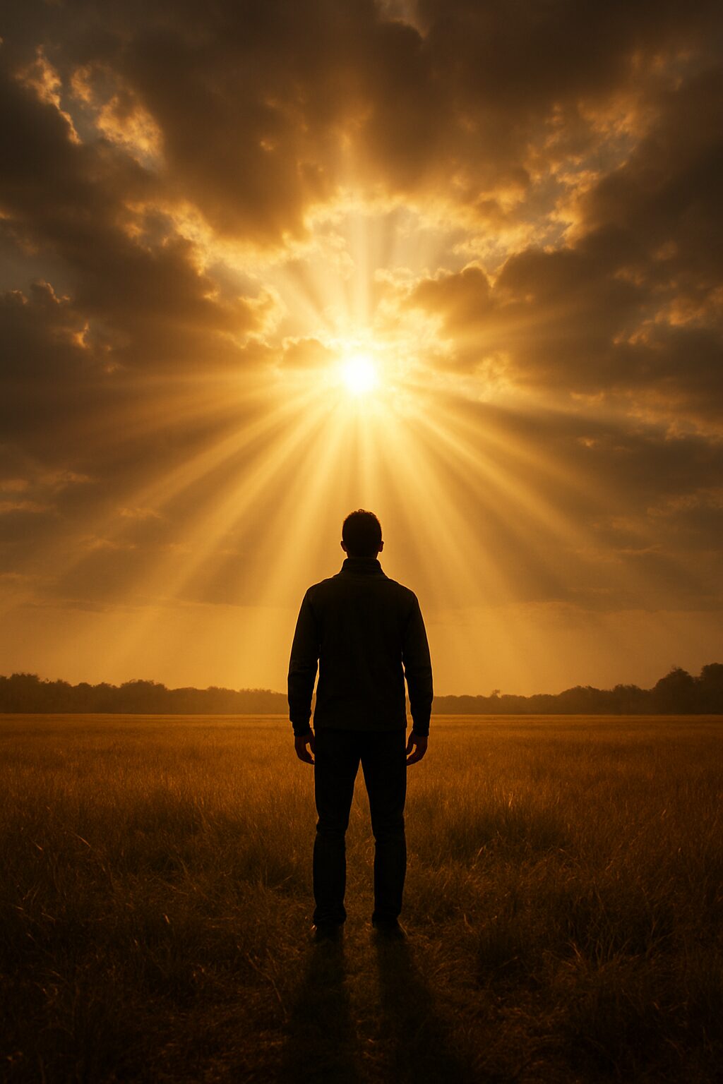 Silhouette of a person standing under radiant sun rays in a field.
