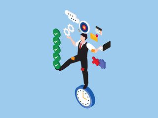 A businessman balancing on a clock with floating symbols around him.