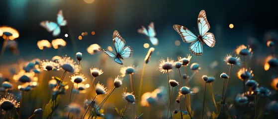 Blue butterflies fluttering over sunlit wildflowers at dusk.