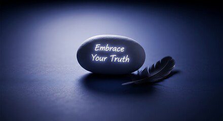 A stone with the inscription 'Embrace Your Truth' next to a feather.