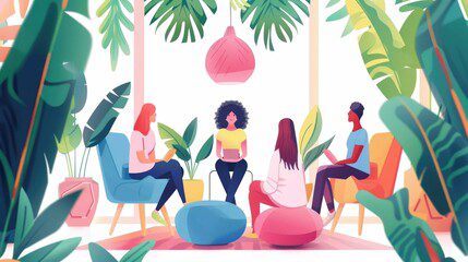 A group of diverse women having a relaxed discussion in a cozy, colorful setting.